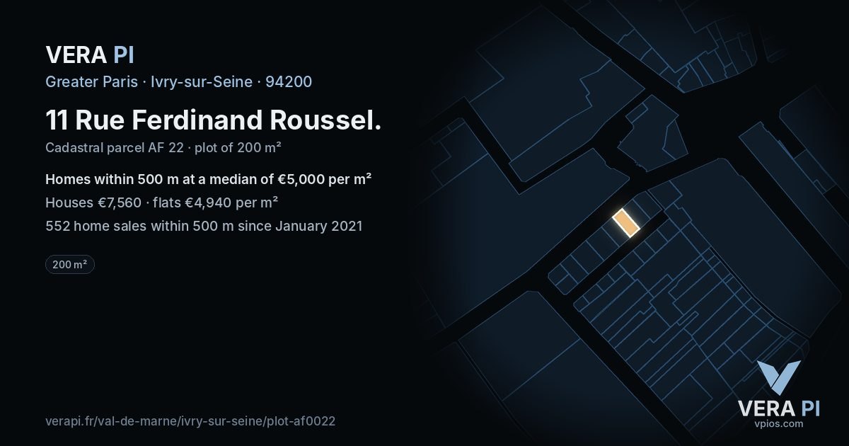 11 Rue Ferdinand Roussel, Ivry-sur-Seine at night – the plot lit, the parcels around coloured by the prices near them