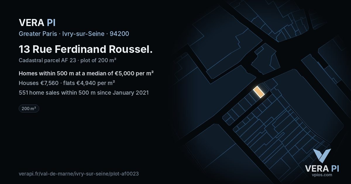 13 Rue Ferdinand Roussel, Ivry-sur-Seine at night – the plot lit, the parcels around coloured by the prices near them