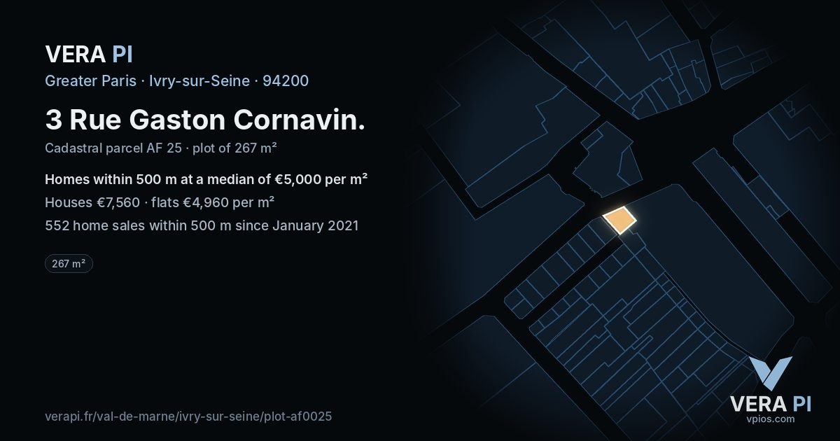 3 Rue Gaston Cornavin, Ivry-sur-Seine at night – the plot lit, the parcels around coloured by the prices near them