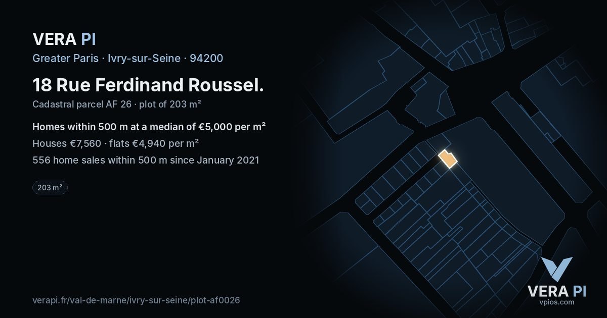 18 Rue Ferdinand Roussel, Ivry-sur-Seine at night – the plot lit, the parcels around coloured by the prices near them