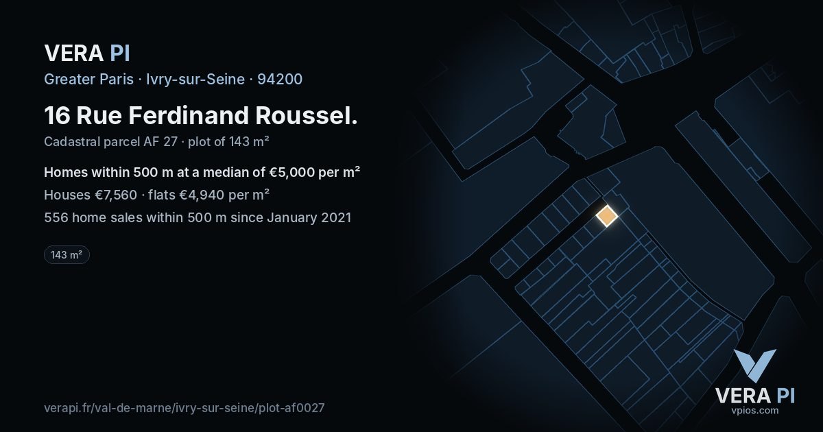 16 Rue Ferdinand Roussel, Ivry-sur-Seine at night – the plot lit, the parcels around coloured by the prices near them