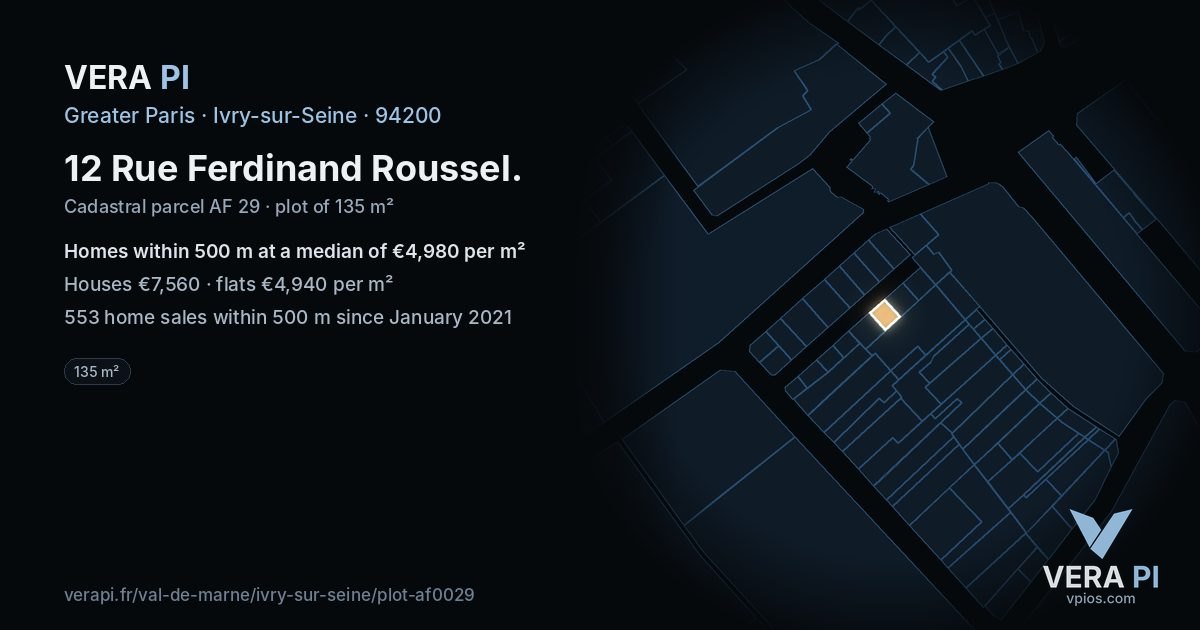 12 Rue Ferdinand Roussel, Ivry-sur-Seine at night – the plot lit, the parcels around coloured by the prices near them
