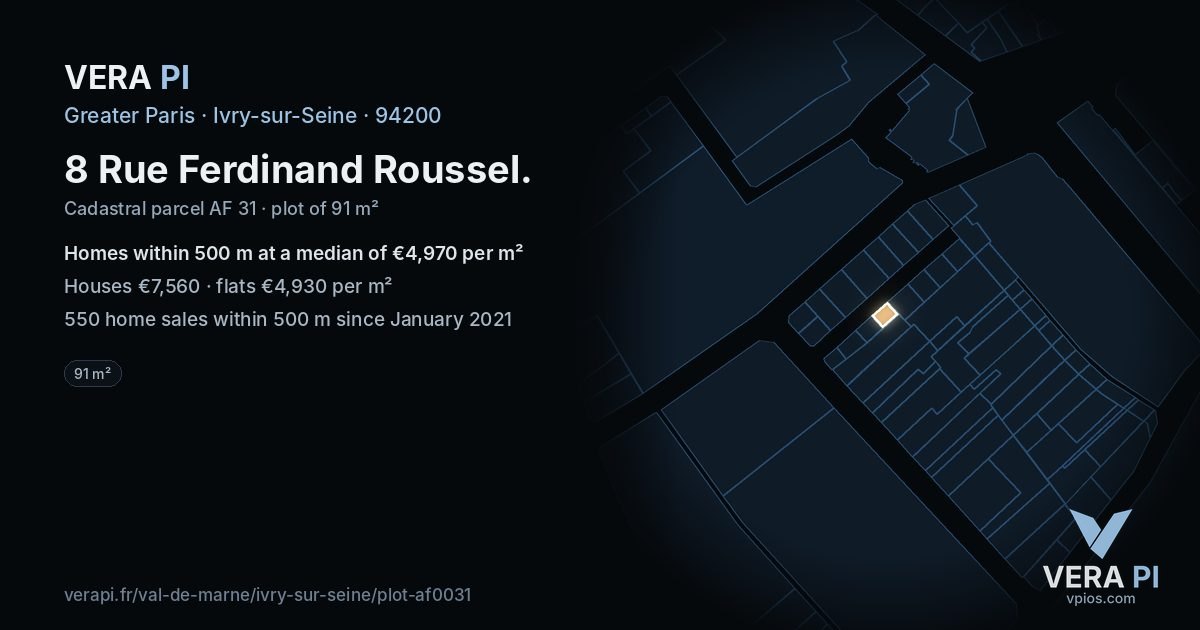 8 Rue Ferdinand Roussel, Ivry-sur-Seine at night – the plot lit, the parcels around coloured by the prices near them