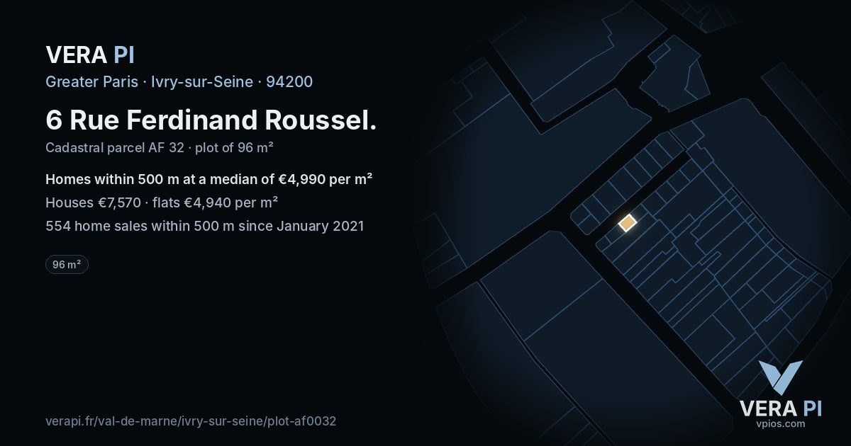 6 Rue Ferdinand Roussel, Ivry-sur-Seine at night – the plot lit, the parcels around coloured by the prices near them