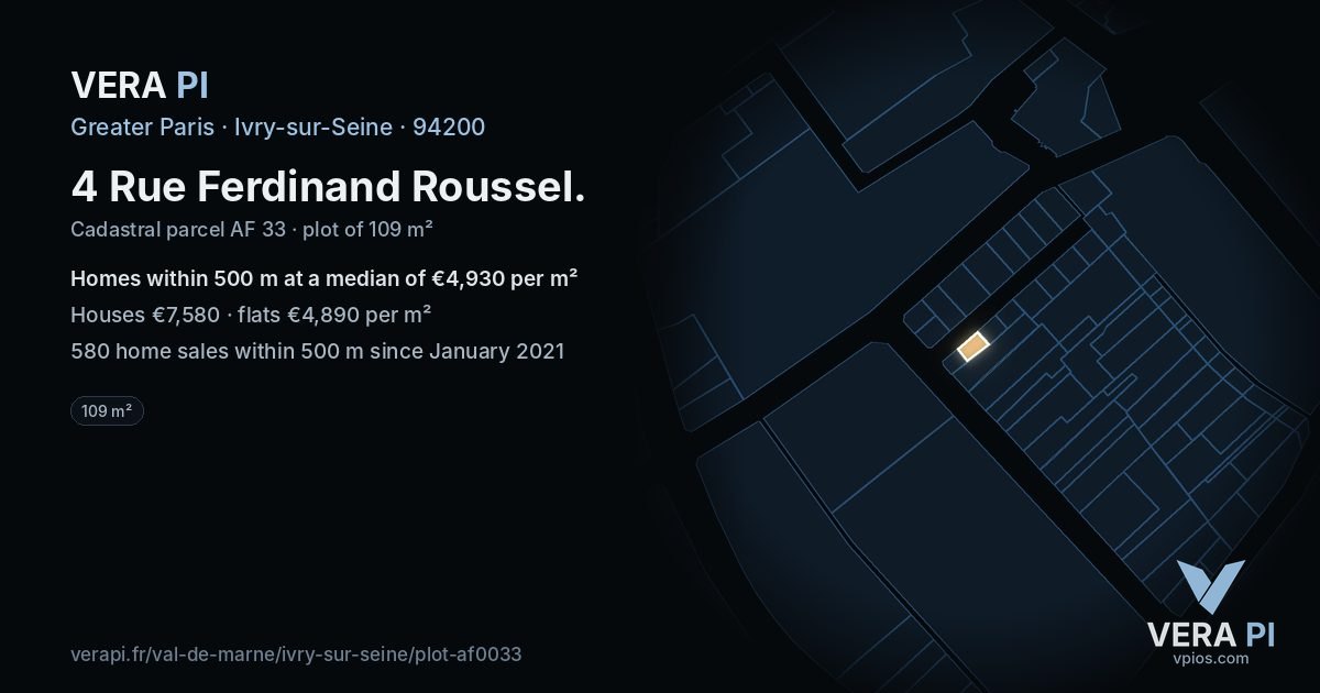 4 Rue Ferdinand Roussel, Ivry-sur-Seine at night – the plot lit, the parcels around coloured by the prices near them