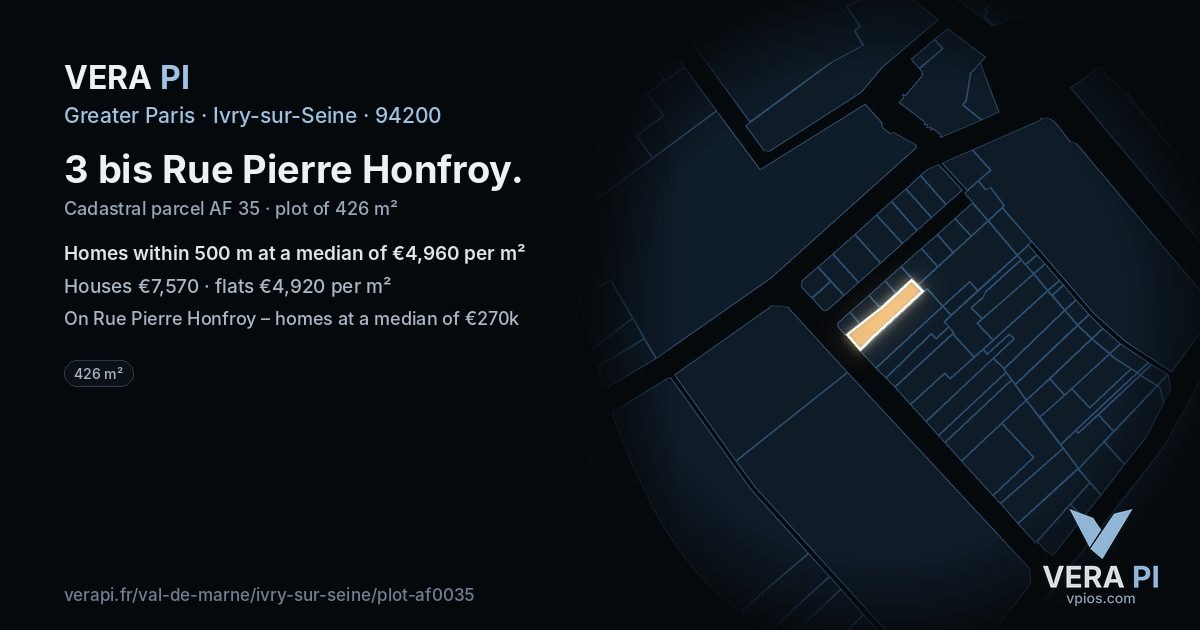 3 bis Rue Pierre Honfroy, Ivry-sur-Seine at night – the plot lit, the parcels around coloured by the prices near them
