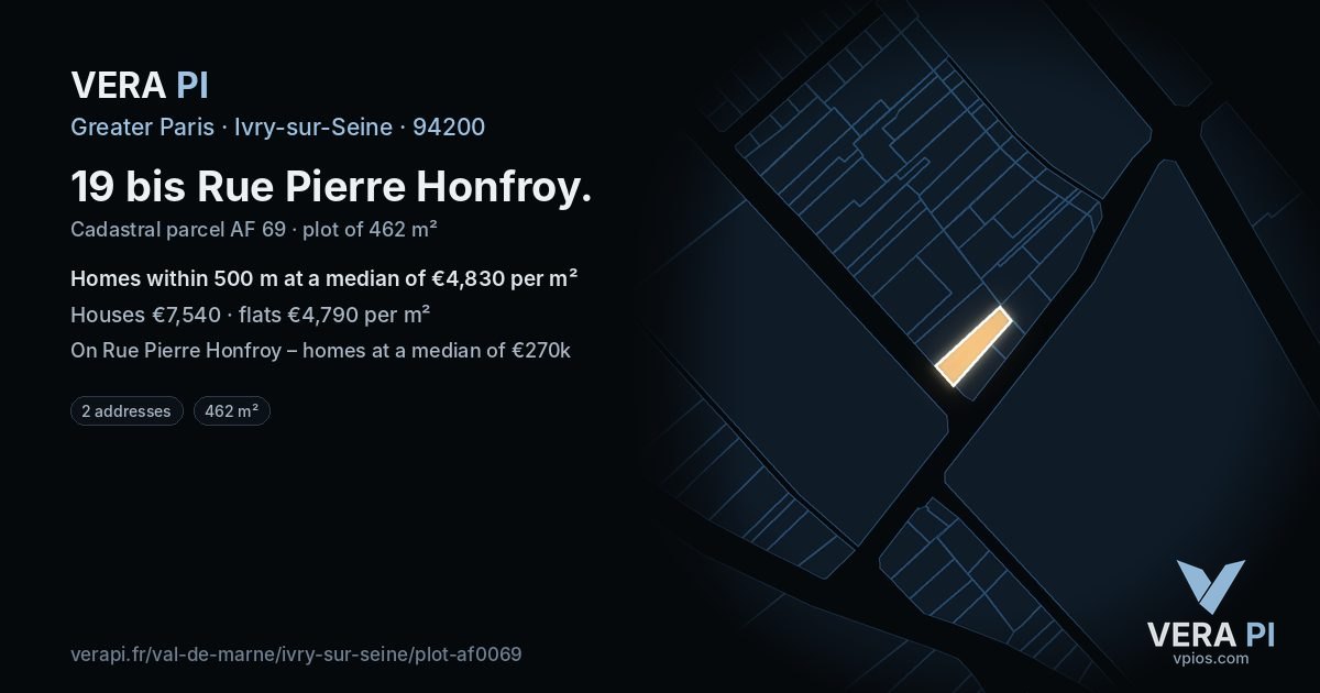 19 bis Rue Pierre Honfroy, Ivry-sur-Seine at night – the plot lit, the parcels around coloured by the prices near them