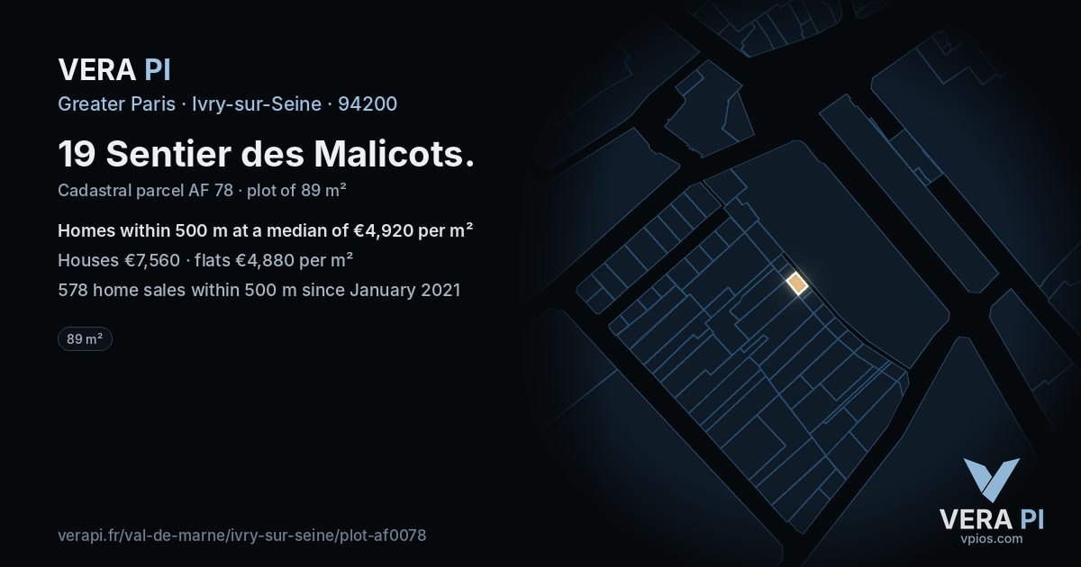 19 Sentier des Malicots, Ivry-sur-Seine at night – the plot lit, the parcels around coloured by the prices near them