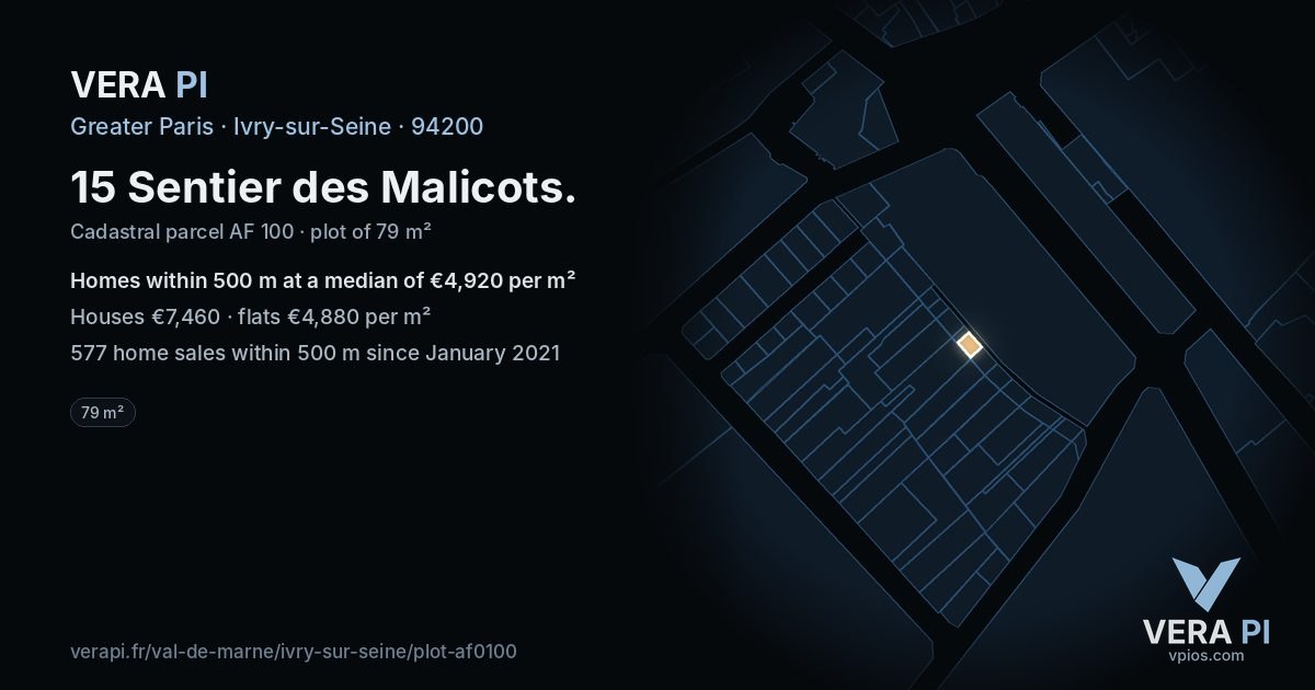 15 Sentier des Malicots, Ivry-sur-Seine at night – the plot lit, the parcels around coloured by the prices near them