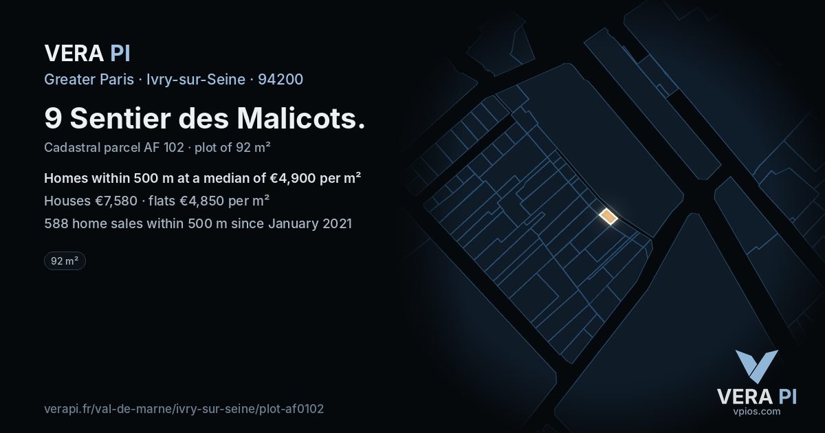 9 Sentier des Malicots, Ivry-sur-Seine at night – the plot lit, the parcels around coloured by the prices near them