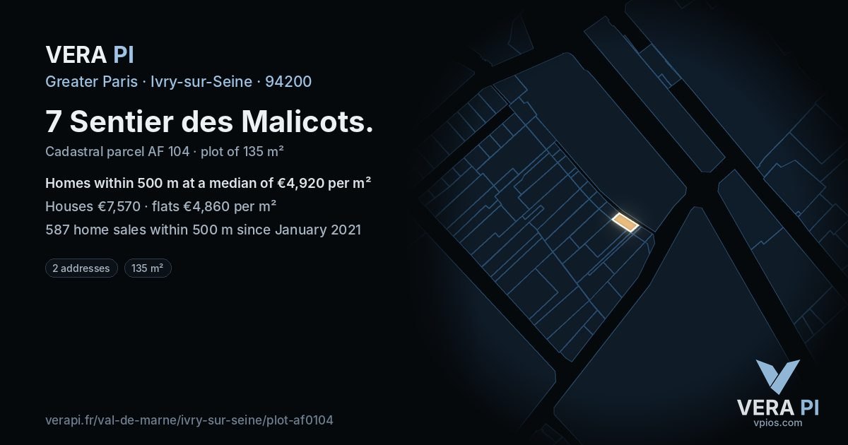 7 Sentier des Malicots, Ivry-sur-Seine at night – the plot lit, the parcels around coloured by the prices near them
