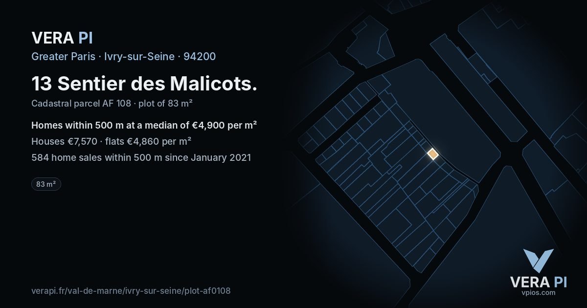 13 Sentier des Malicots, Ivry-sur-Seine at night – the plot lit, the parcels around coloured by the prices near them