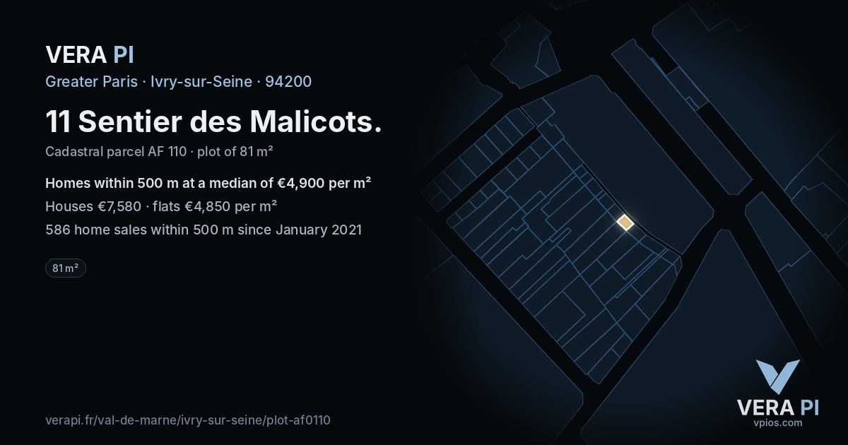 11 Sentier des Malicots, Ivry-sur-Seine at night – the plot lit, the parcels around coloured by the prices near them