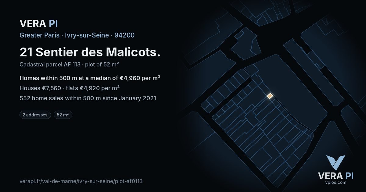 21 Sentier des Malicots, Ivry-sur-Seine at night – the plot lit, the parcels around coloured by the prices near them