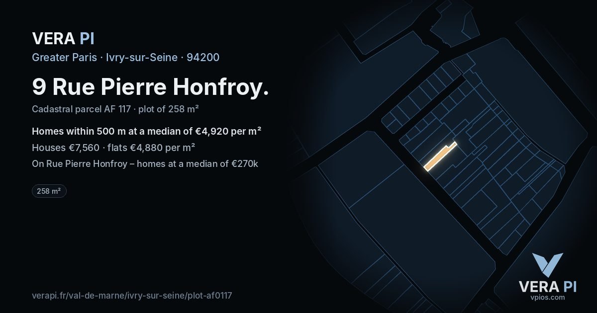 9 Rue Pierre Honfroy, Ivry-sur-Seine at night – the plot lit, the parcels around coloured by the prices near them