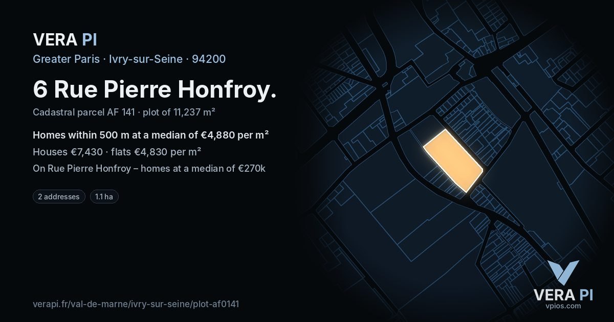 6 Rue Pierre Honfroy, Ivry-sur-Seine at night – the plot lit, the parcels around coloured by the prices near them