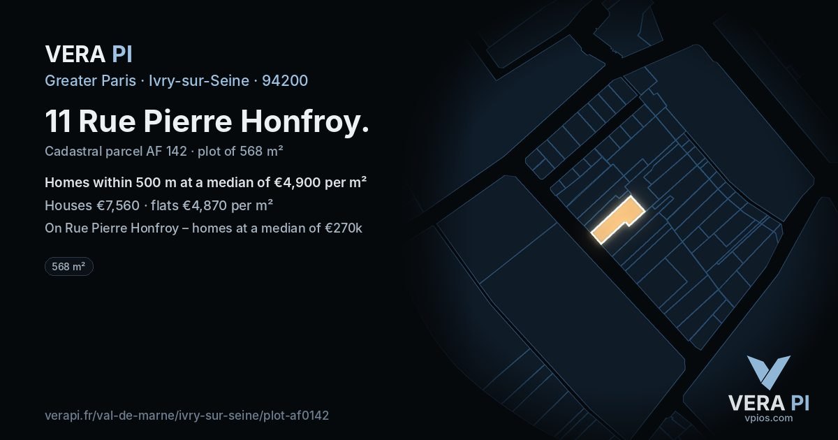 11 Rue Pierre Honfroy, Ivry-sur-Seine at night – the plot lit, the parcels around coloured by the prices near them