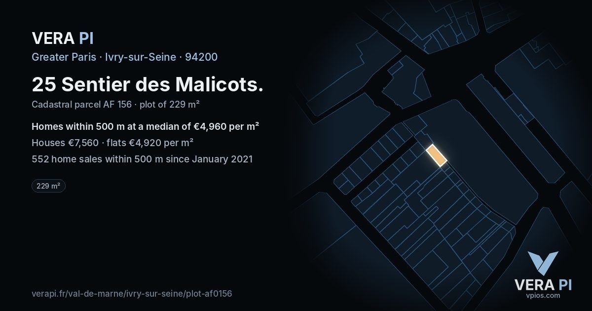 25 Sentier des Malicots, Ivry-sur-Seine at night – the plot lit, the parcels around coloured by the prices near them