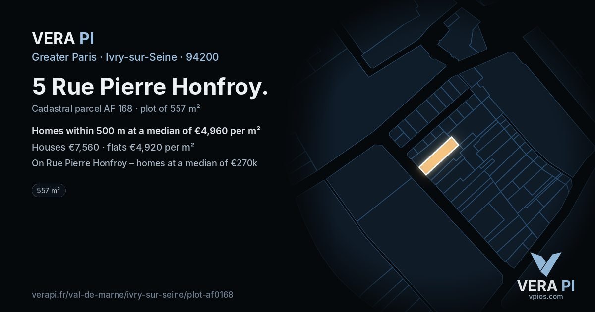 5 Rue Pierre Honfroy, Ivry-sur-Seine at night – the plot lit, the parcels around coloured by the prices near them