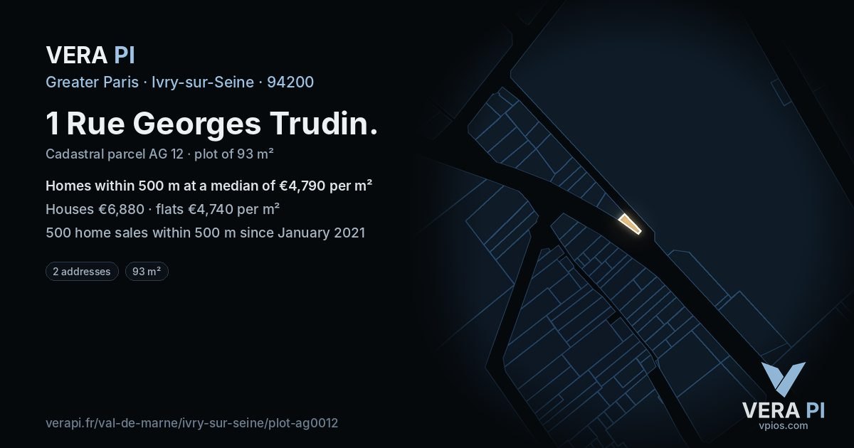 1 Rue Georges Trudin, Ivry-sur-Seine at night – the plot lit, the parcels around coloured by the prices near them