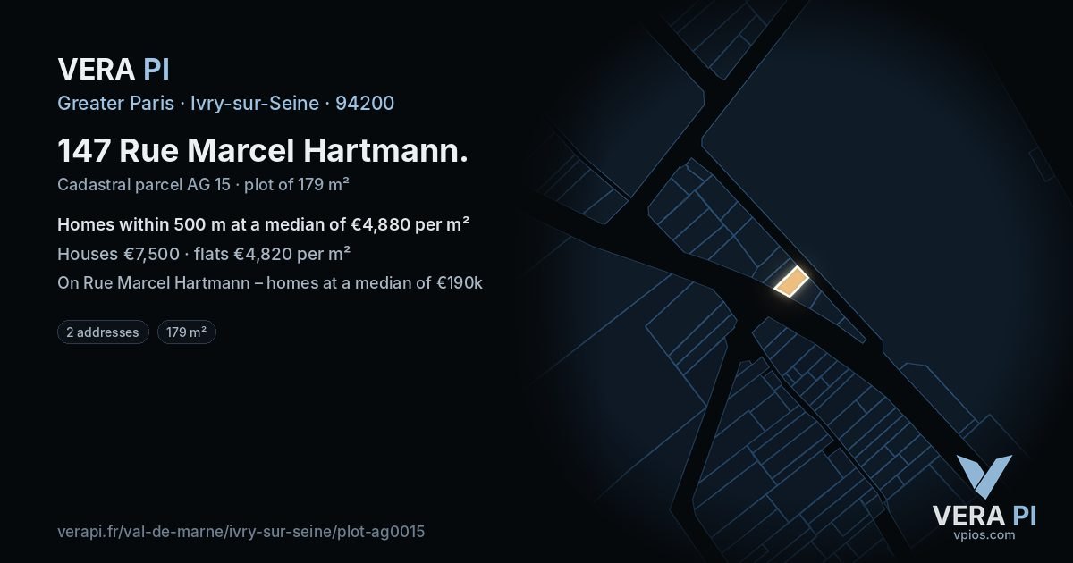 147 Rue Marcel Hartmann, Ivry-sur-Seine at night – the plot lit, the parcels around coloured by the prices near them
