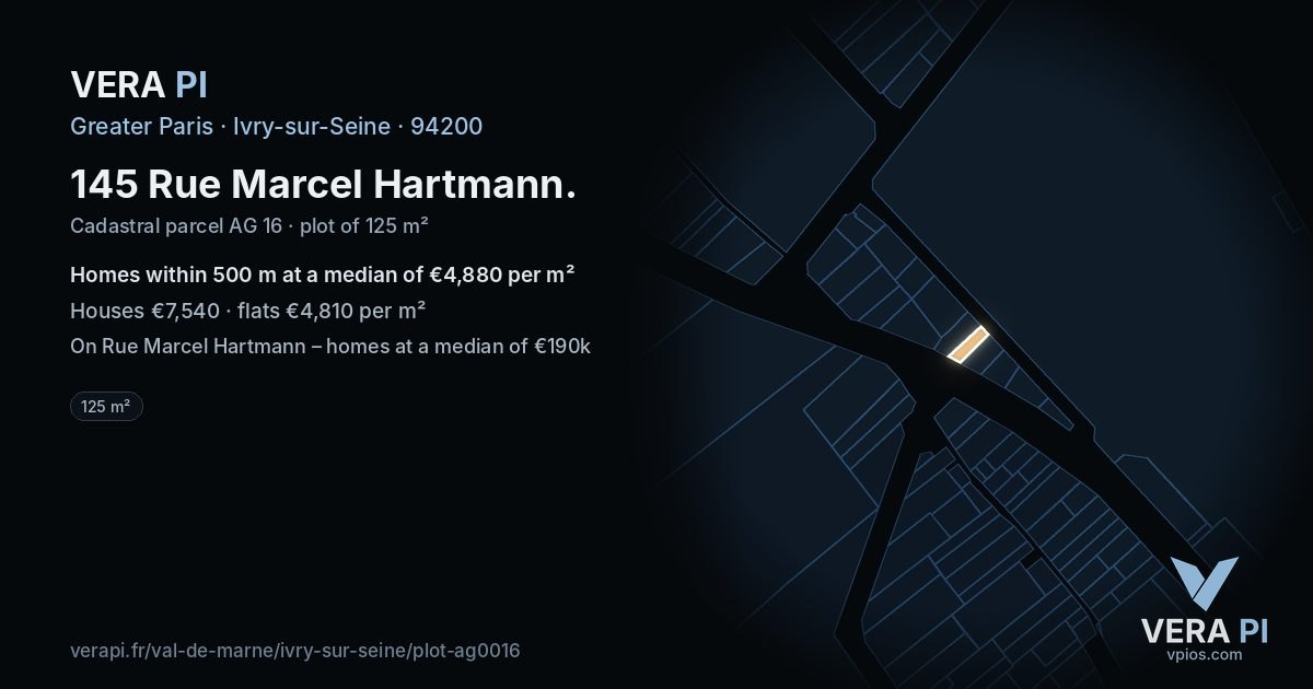 145 Rue Marcel Hartmann, Ivry-sur-Seine at night – the plot lit, the parcels around coloured by the prices near them