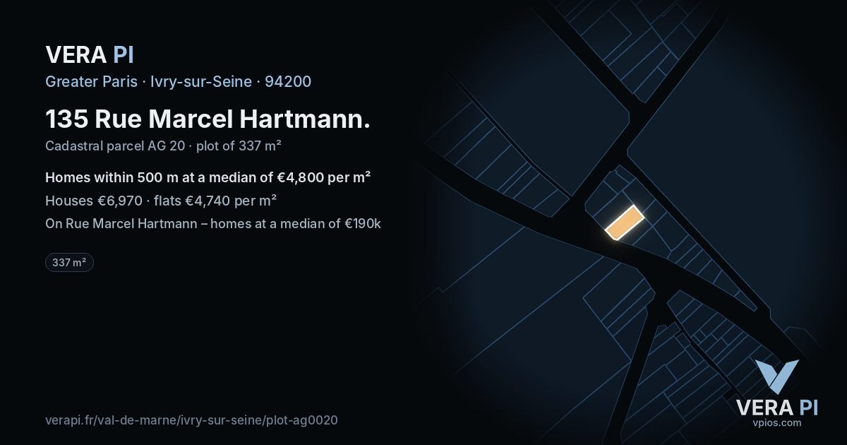 135 Rue Marcel Hartmann, Ivry-sur-Seine at night – the plot lit, the parcels around coloured by the prices near them