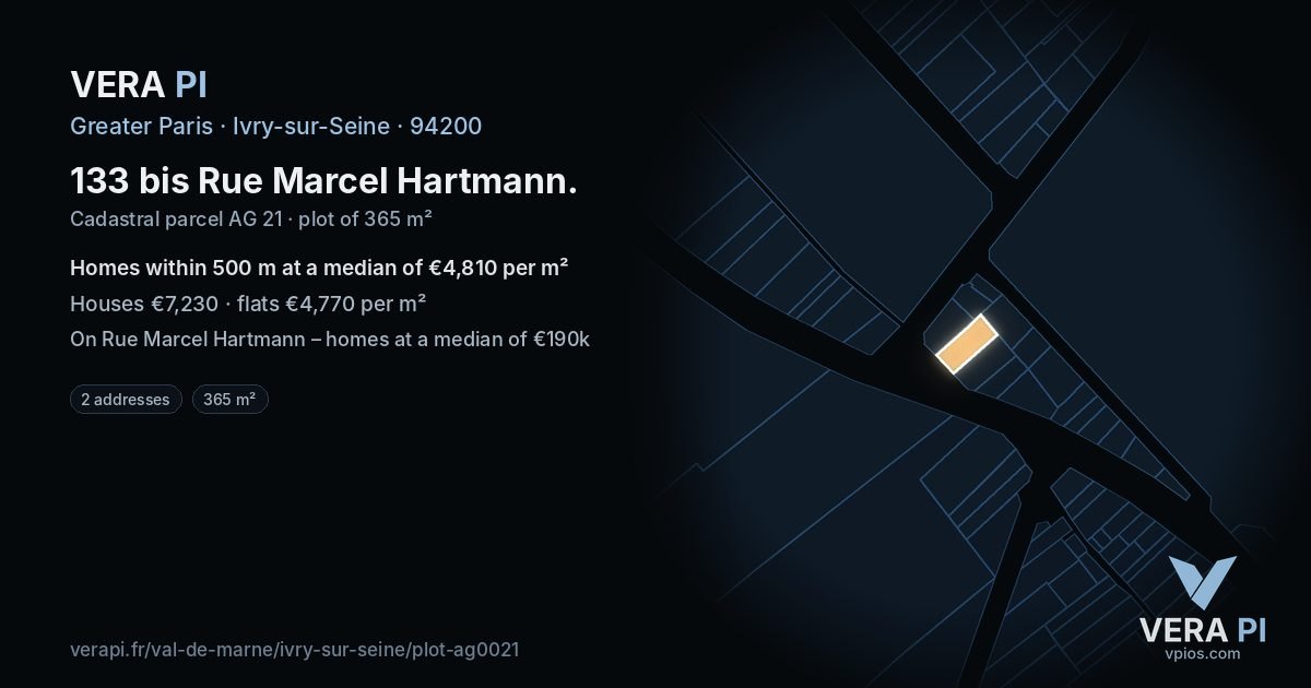 133 bis Rue Marcel Hartmann, Ivry-sur-Seine at night – the plot lit, the parcels around coloured by the prices near them