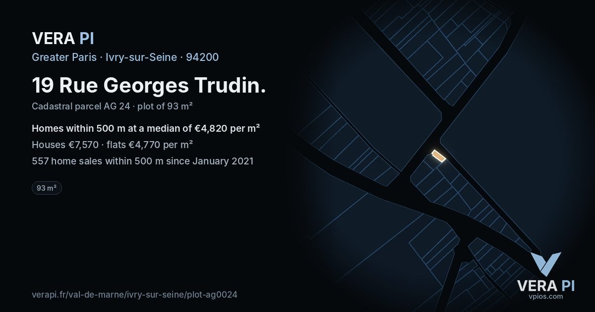 19 Rue Georges Trudin, Ivry-sur-Seine at night – the plot lit, the parcels around coloured by the prices near them