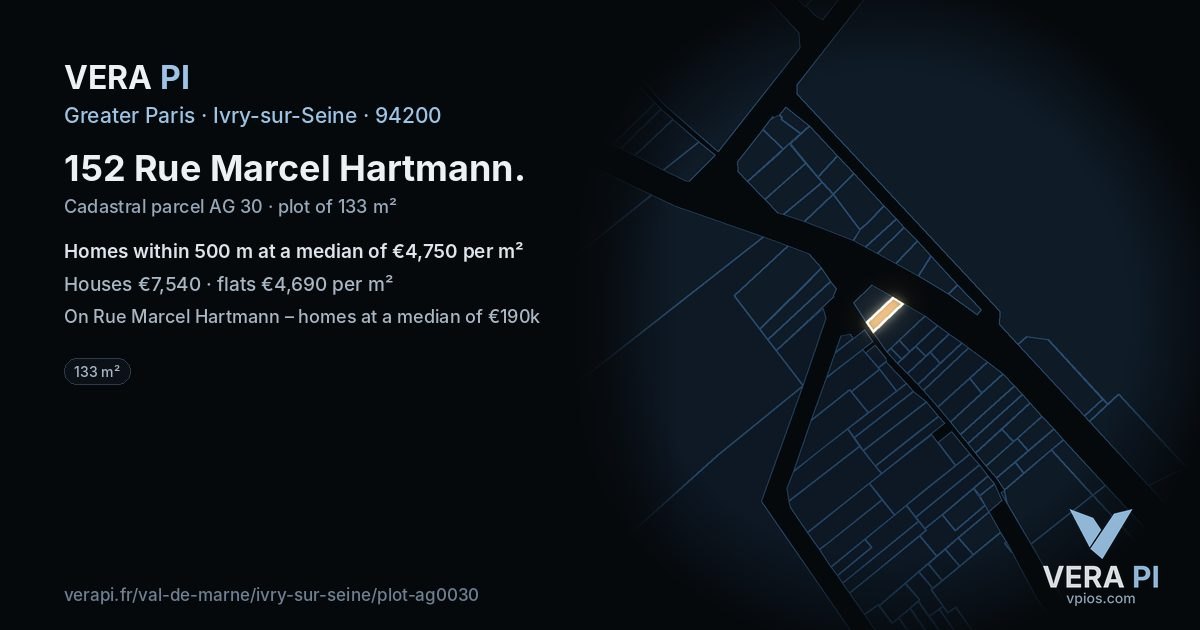 152 Rue Marcel Hartmann, Ivry-sur-Seine at night – the plot lit, the parcels around coloured by the prices near them