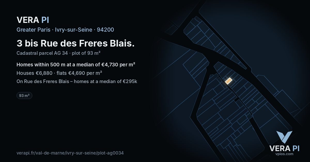 3 bis Rue des Freres Blais, Ivry-sur-Seine at night – the plot lit, the parcels around coloured by the prices near them