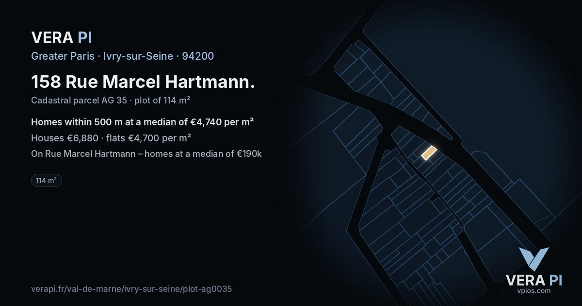 158 Rue Marcel Hartmann, Ivry-sur-Seine at night – the plot lit, the parcels around coloured by the prices near them