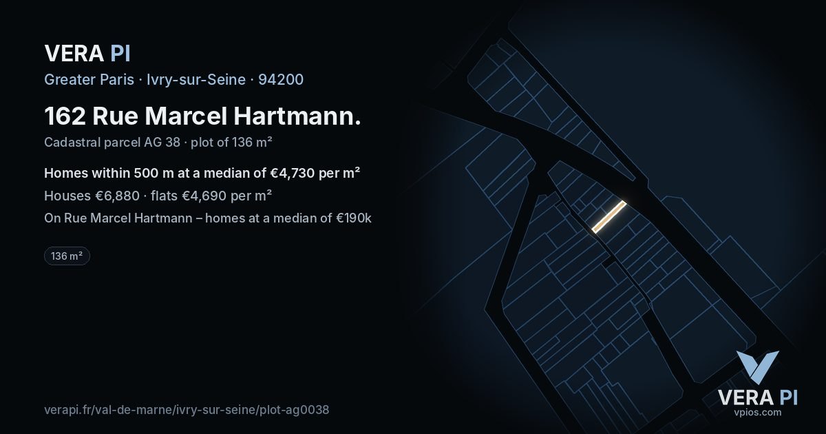 162 Rue Marcel Hartmann, Ivry-sur-Seine at night – the plot lit, the parcels around coloured by the prices near them