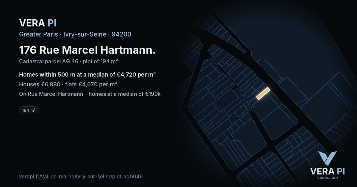 176 Rue Marcel Hartmann, Ivry-sur-Seine at night – the plot lit, the parcels around coloured by the prices near them