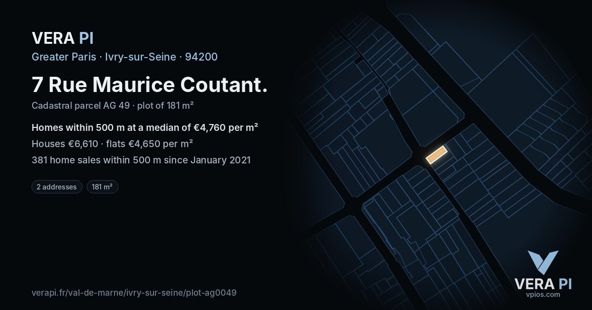 7 Rue Maurice Coutant, Ivry-sur-Seine at night – the plot lit, the parcels around coloured by the prices near them