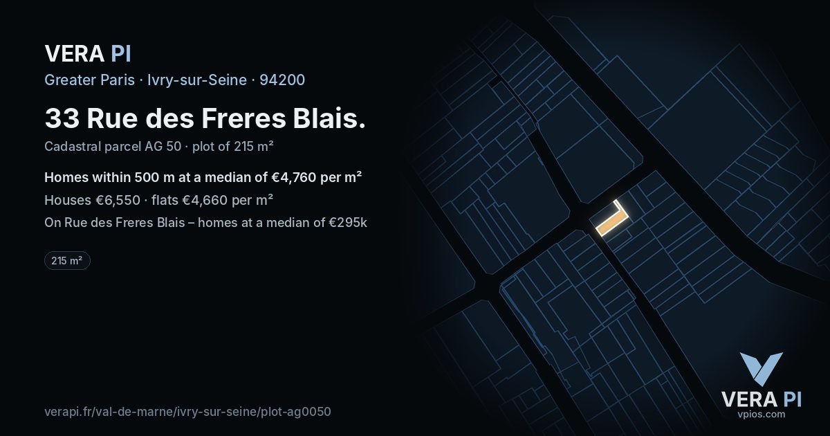 33 Rue des Freres Blais, Ivry-sur-Seine at night – the plot lit, the parcels around coloured by the prices near them