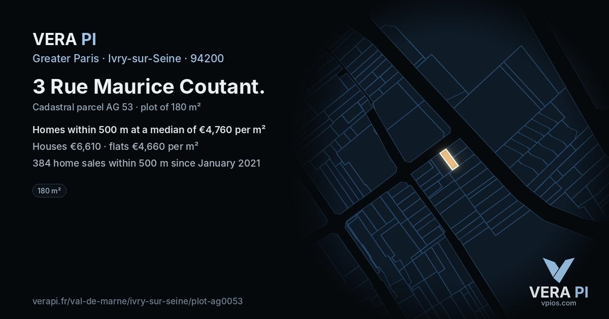 3 Rue Maurice Coutant, Ivry-sur-Seine at night – the plot lit, the parcels around coloured by the prices near them