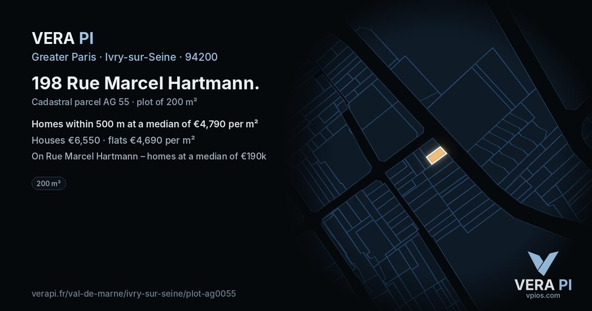 198 Rue Marcel Hartmann, Ivry-sur-Seine at night – the plot lit, the parcels around coloured by the prices near them