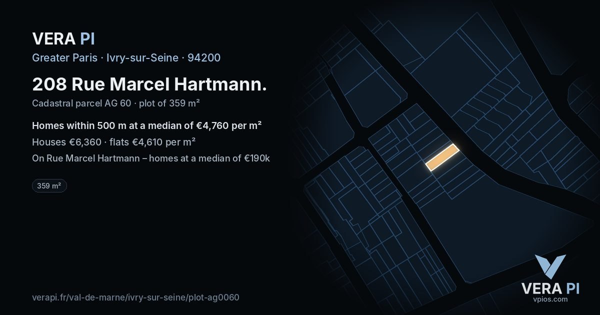 208 Rue Marcel Hartmann, Ivry-sur-Seine at night – the plot lit, the parcels around coloured by the prices near them