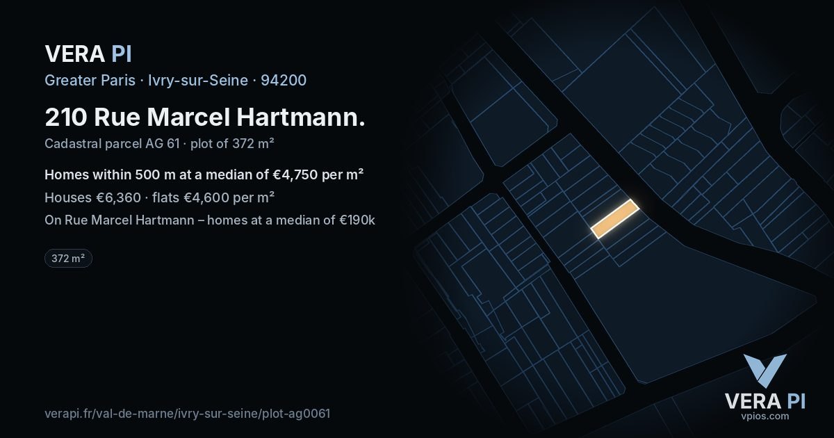 210 Rue Marcel Hartmann, Ivry-sur-Seine at night – the plot lit, the parcels around coloured by the prices near them