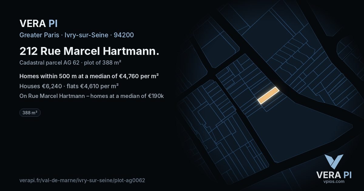 212 Rue Marcel Hartmann, Ivry-sur-Seine at night – the plot lit, the parcels around coloured by the prices near them