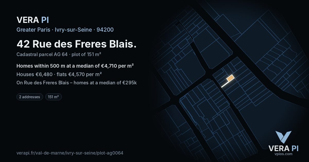 42 Rue des Freres Blais, Ivry-sur-Seine at night – the plot lit, the parcels around coloured by the prices near them