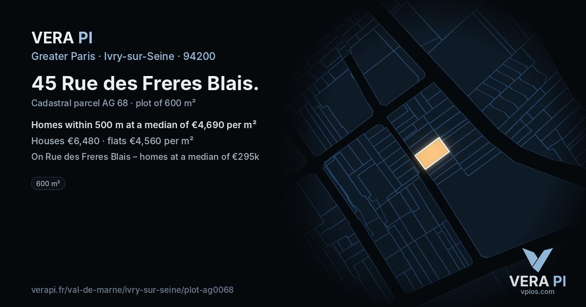 45 Rue des Freres Blais, Ivry-sur-Seine at night – the plot lit, the parcels around coloured by the prices near them