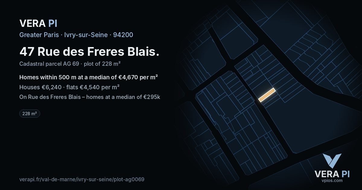 47 Rue des Freres Blais, Ivry-sur-Seine at night – the plot lit, the parcels around coloured by the prices near them