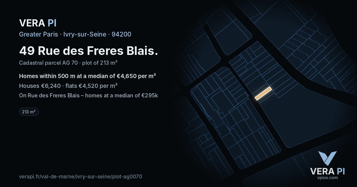 49 Rue des Freres Blais, Ivry-sur-Seine at night – the plot lit, the parcels around coloured by the prices near them