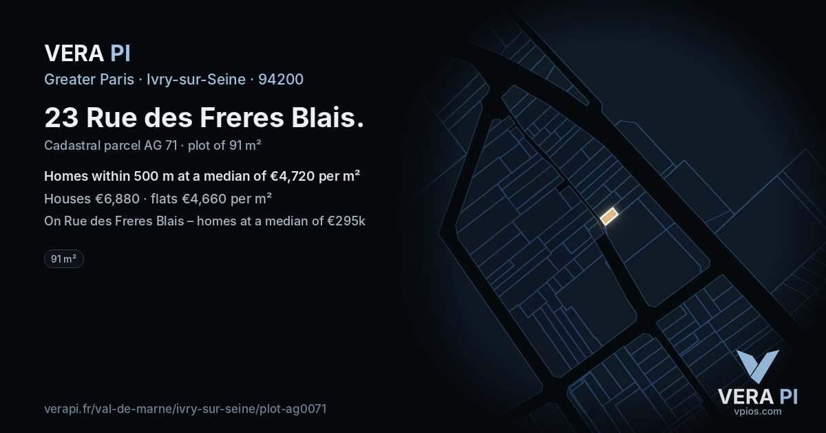23 Rue des Freres Blais, Ivry-sur-Seine at night – the plot lit, the parcels around coloured by the prices near them