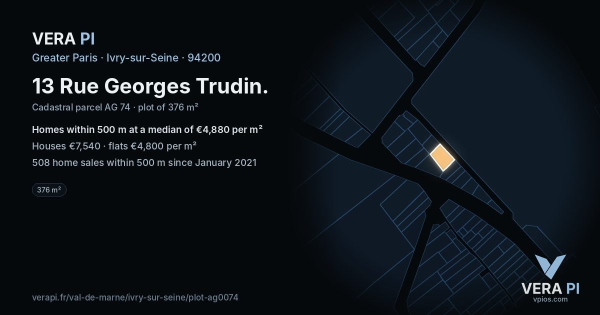13 Rue Georges Trudin, Ivry-sur-Seine at night – the plot lit, the parcels around coloured by the prices near them