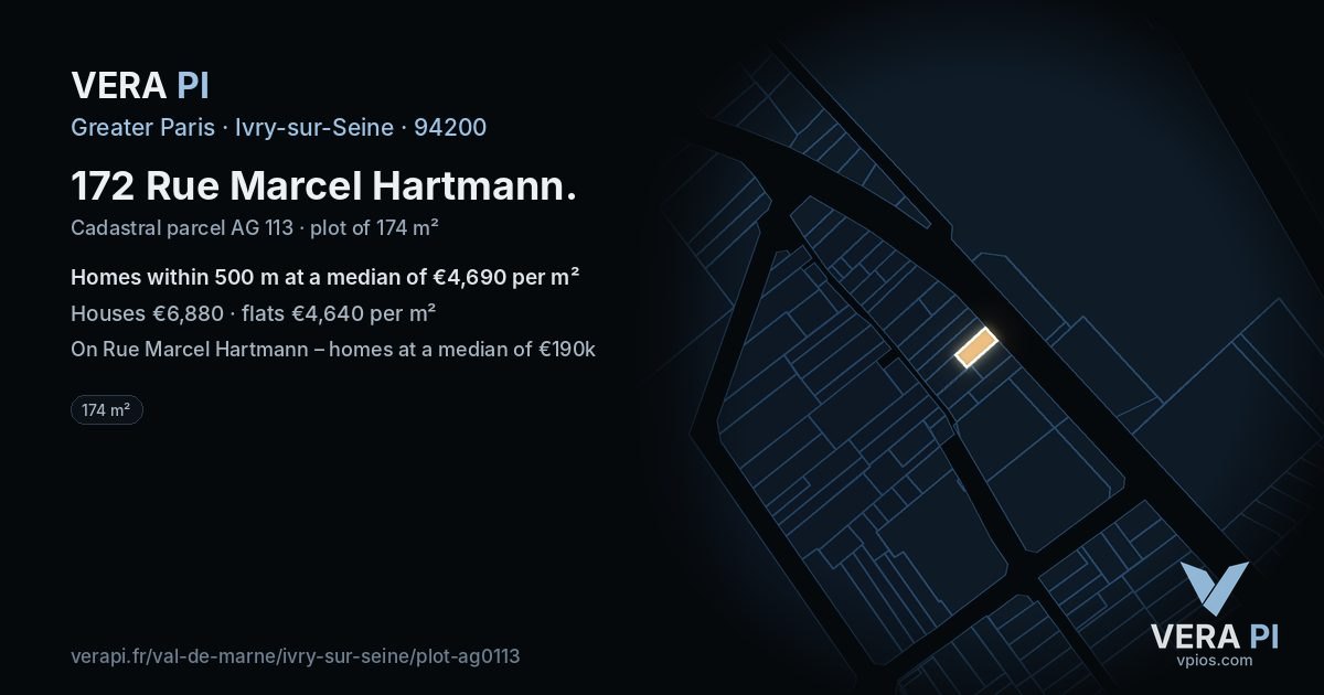 172 Rue Marcel Hartmann, Ivry-sur-Seine at night – the plot lit, the parcels around coloured by the prices near them