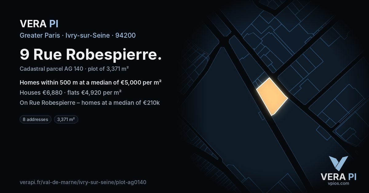 9 Rue Robespierre, Ivry-sur-Seine at night – the plot lit, the parcels around coloured by the prices near them