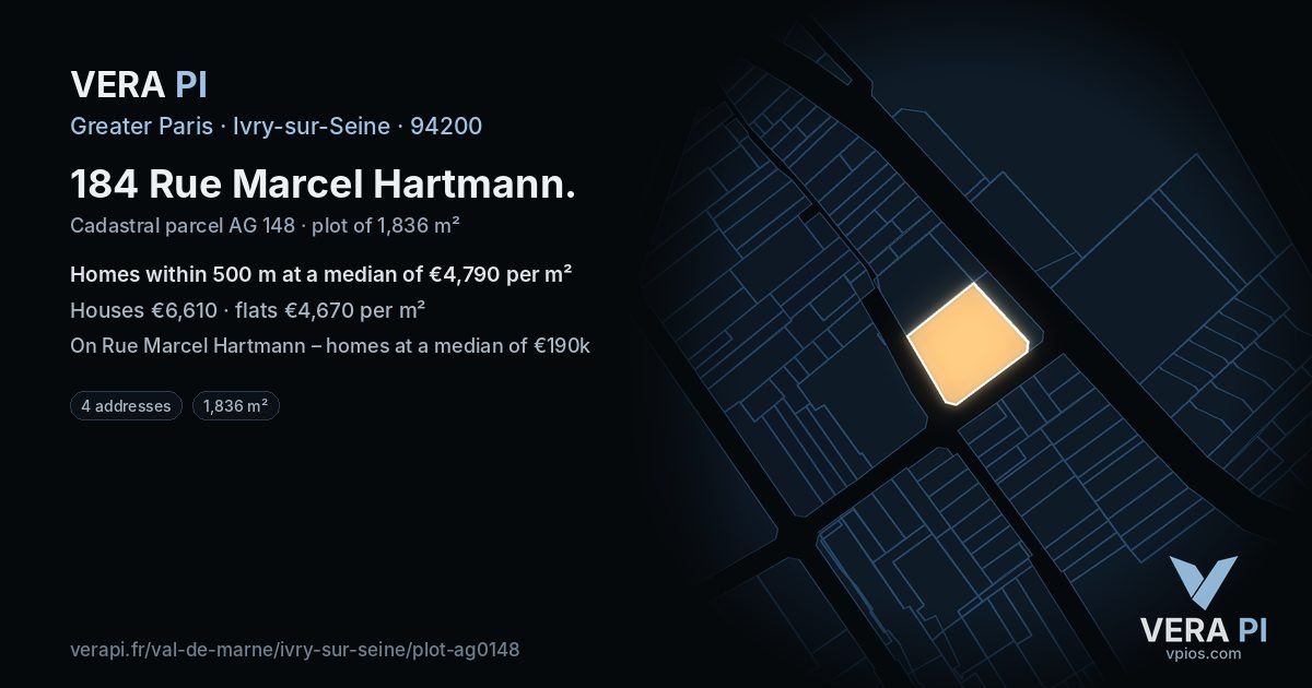 184 Rue Marcel Hartmann, Ivry-sur-Seine at night – the plot lit, the parcels around coloured by the prices near them